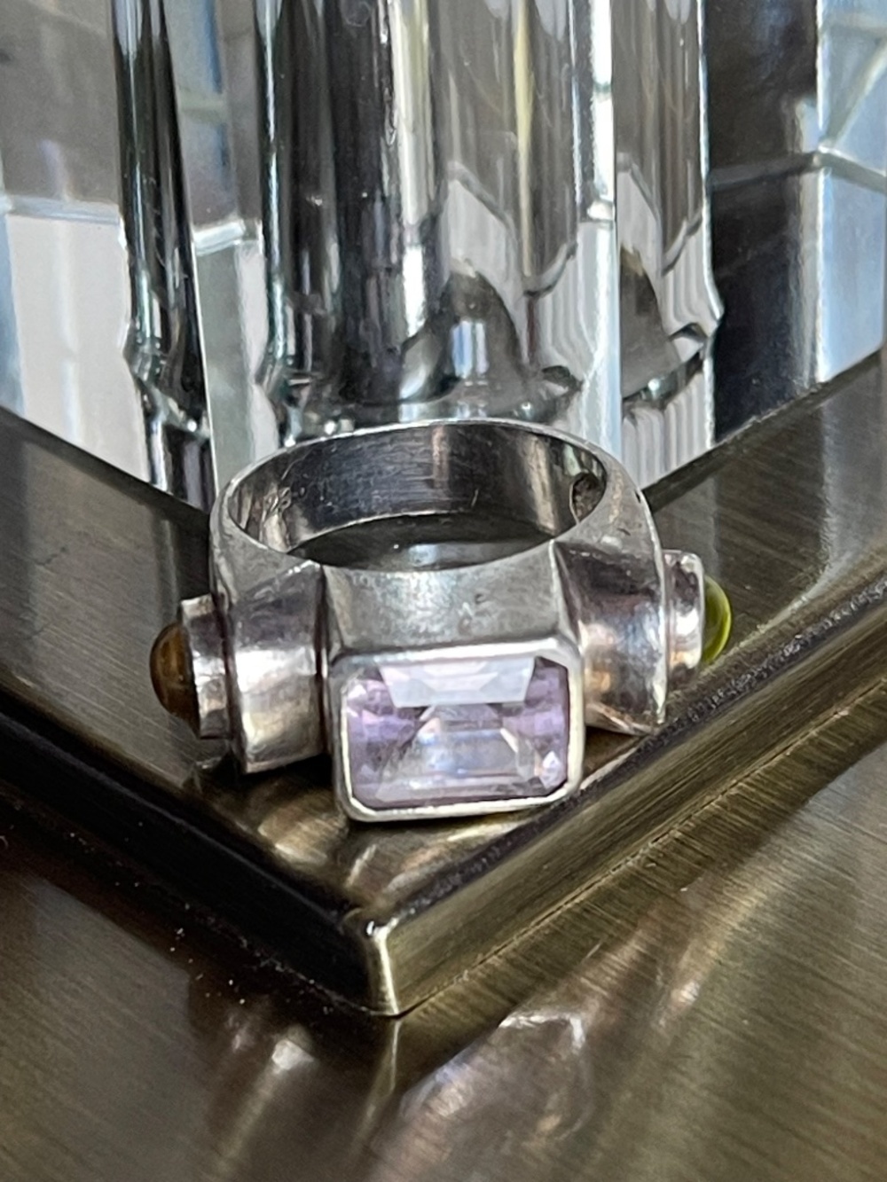 Amethyst Gemstone vintage Silver ring cut Tri Stone